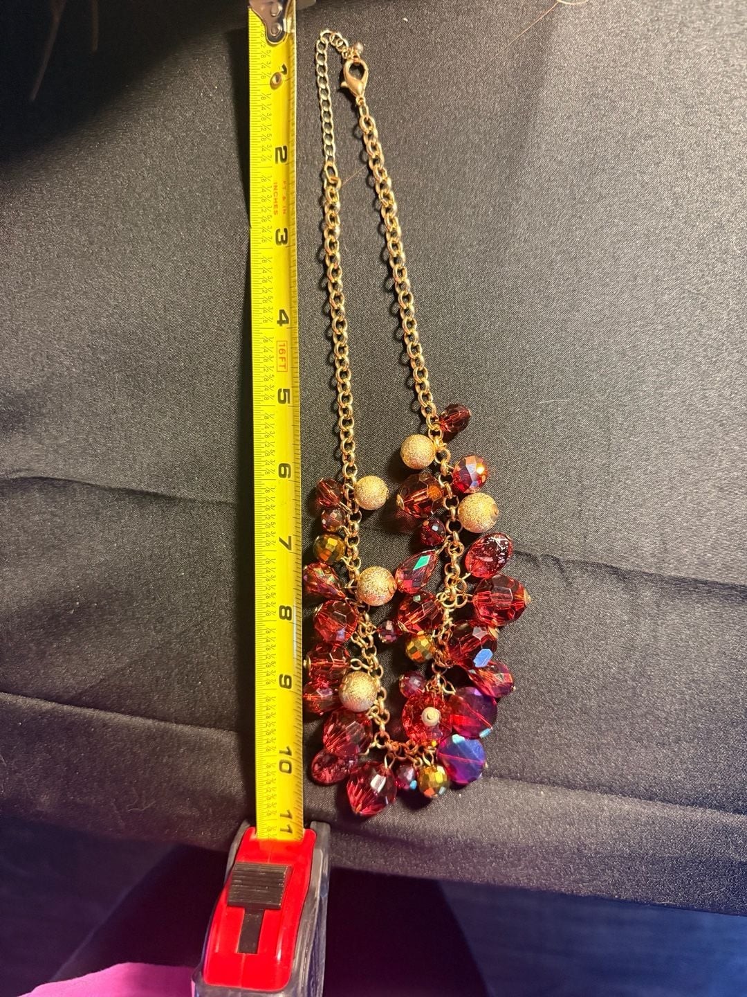 Chico’s Goldtone Cluster Necklace with Red Faceted Beads and Matte Gold Spheres