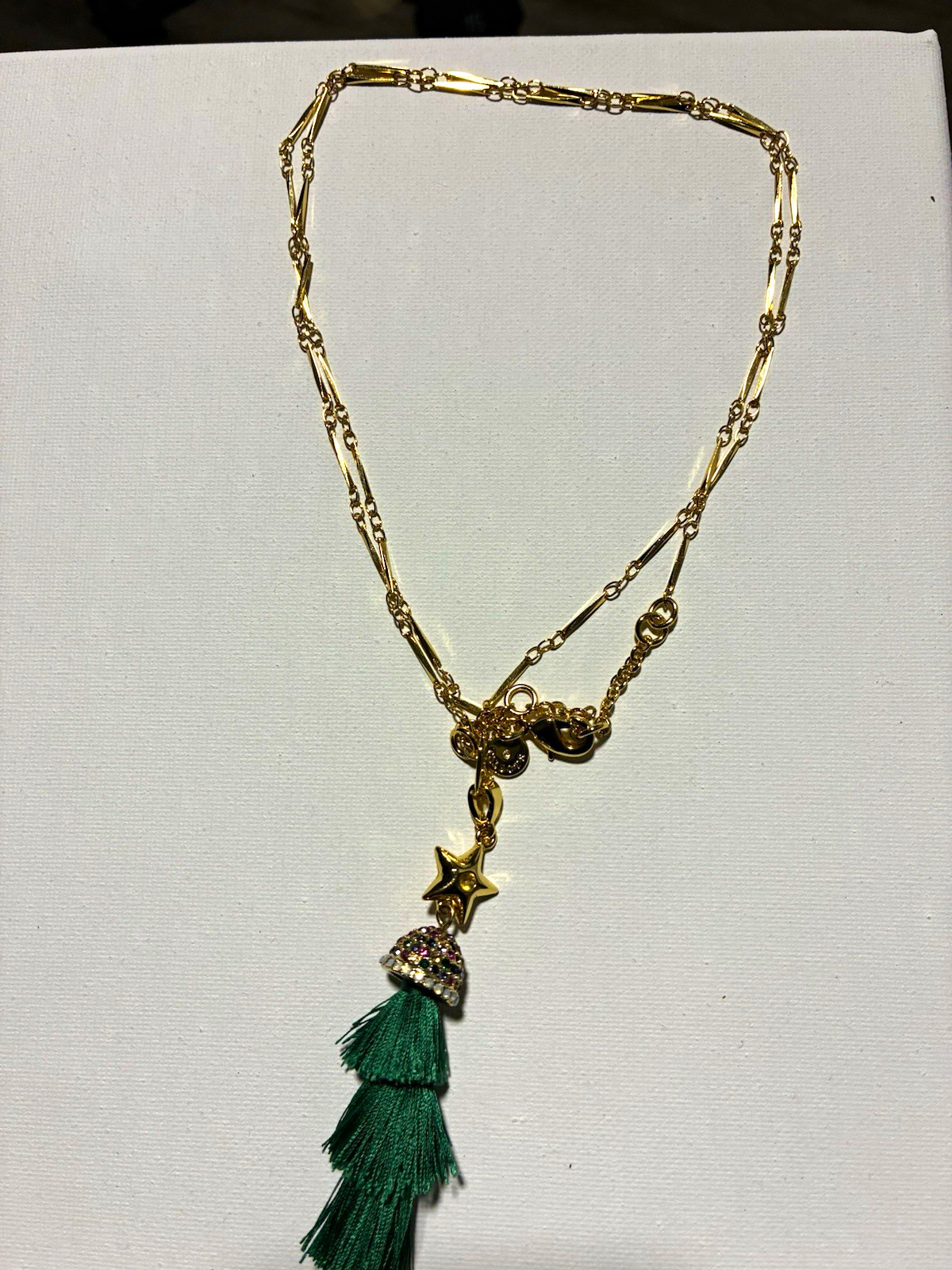Gold-Tone Bar Link Chain Necklace Star Charm Green Tassel Pendant Lobster