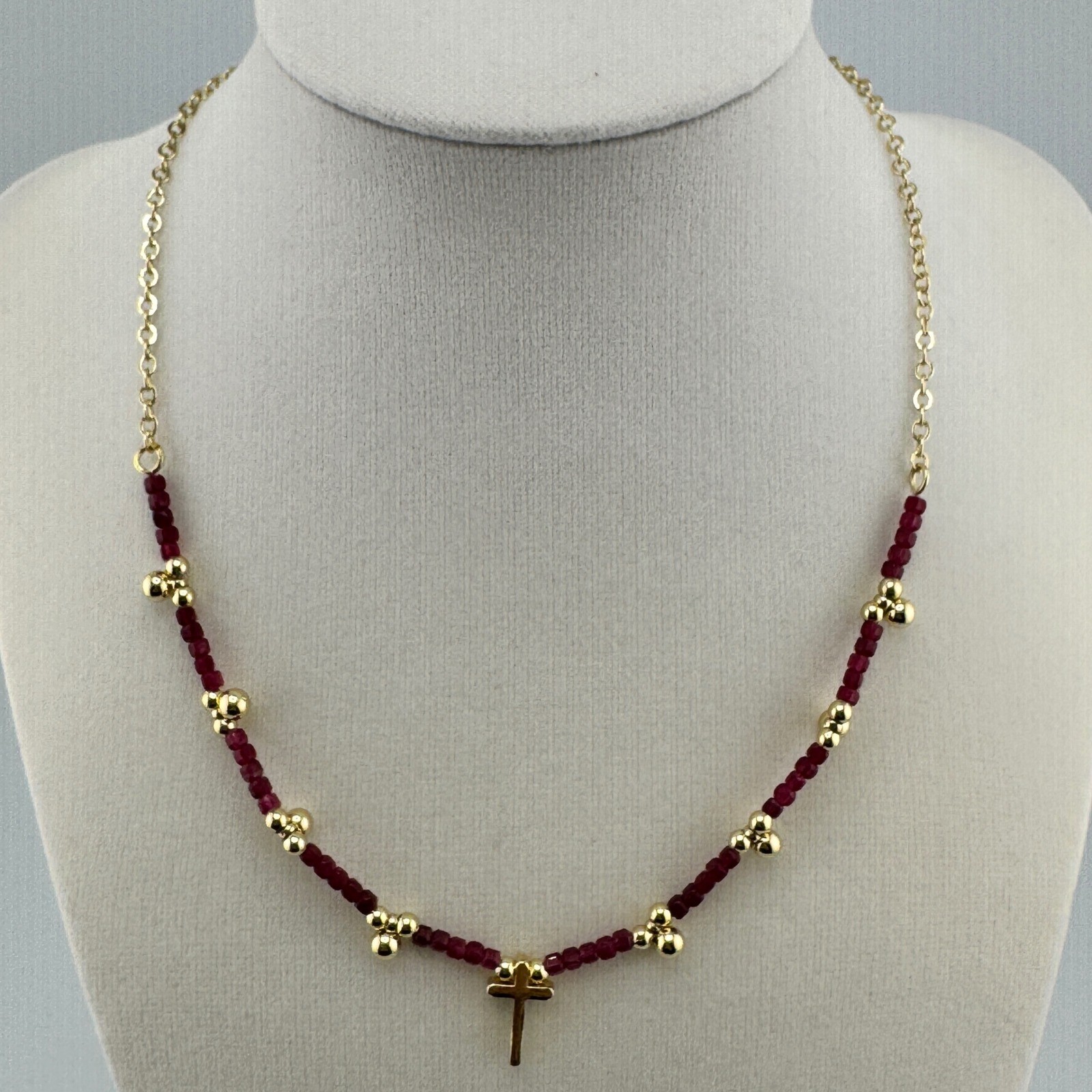 Gold Tone Beaded Cross Necklace Red Faceted Beads Religious Rosary Style Jewelry