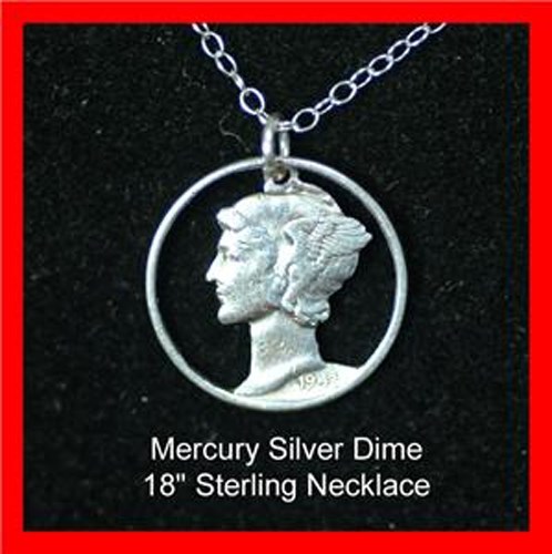 Old US 1940’s Silver Mercury Liberty Dime Cut Out Coin Sterling Necklace Pendant