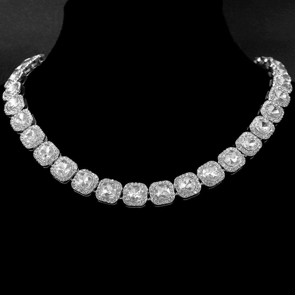 Diamond Paved Crystal Heart Cuban Link Chain Necklace for Women Hip Hop Iced Ou