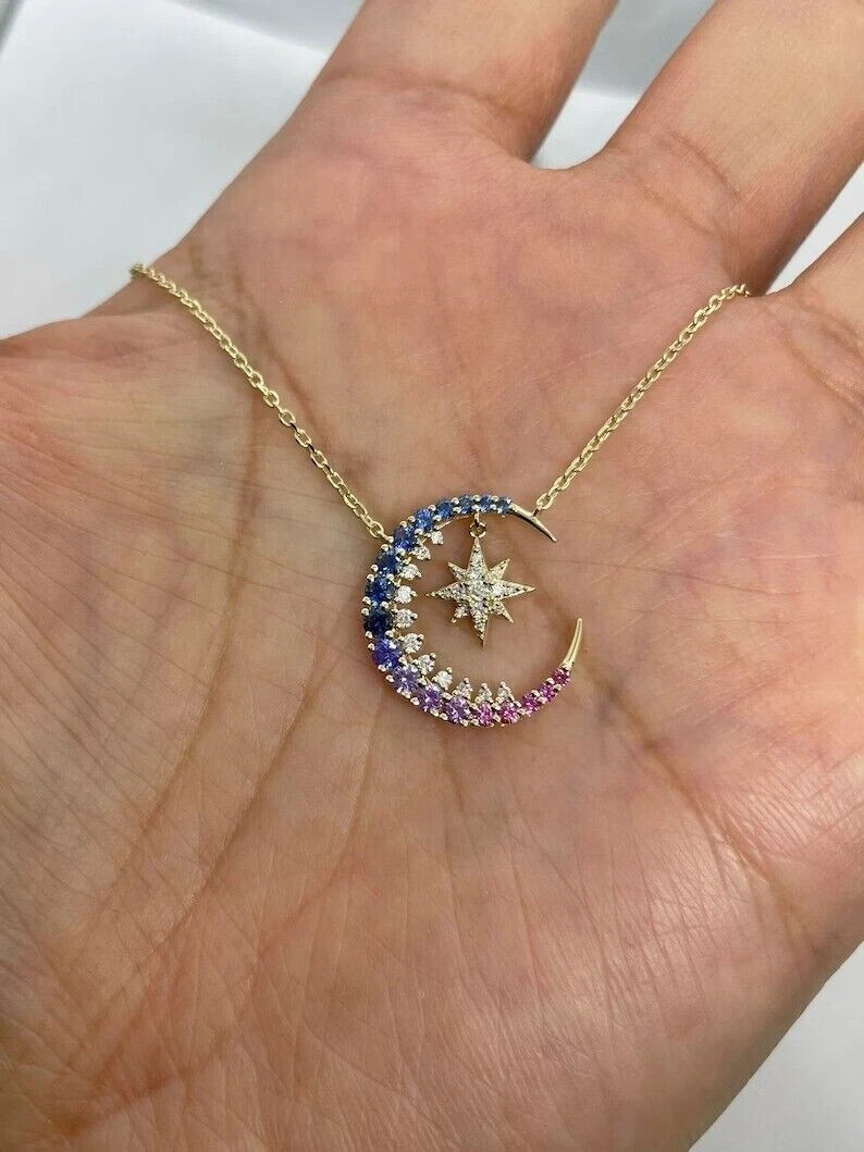 14K Yellow Gold Plated Moon & Star Pendant Chain 1.8CT Simulated Sapphire