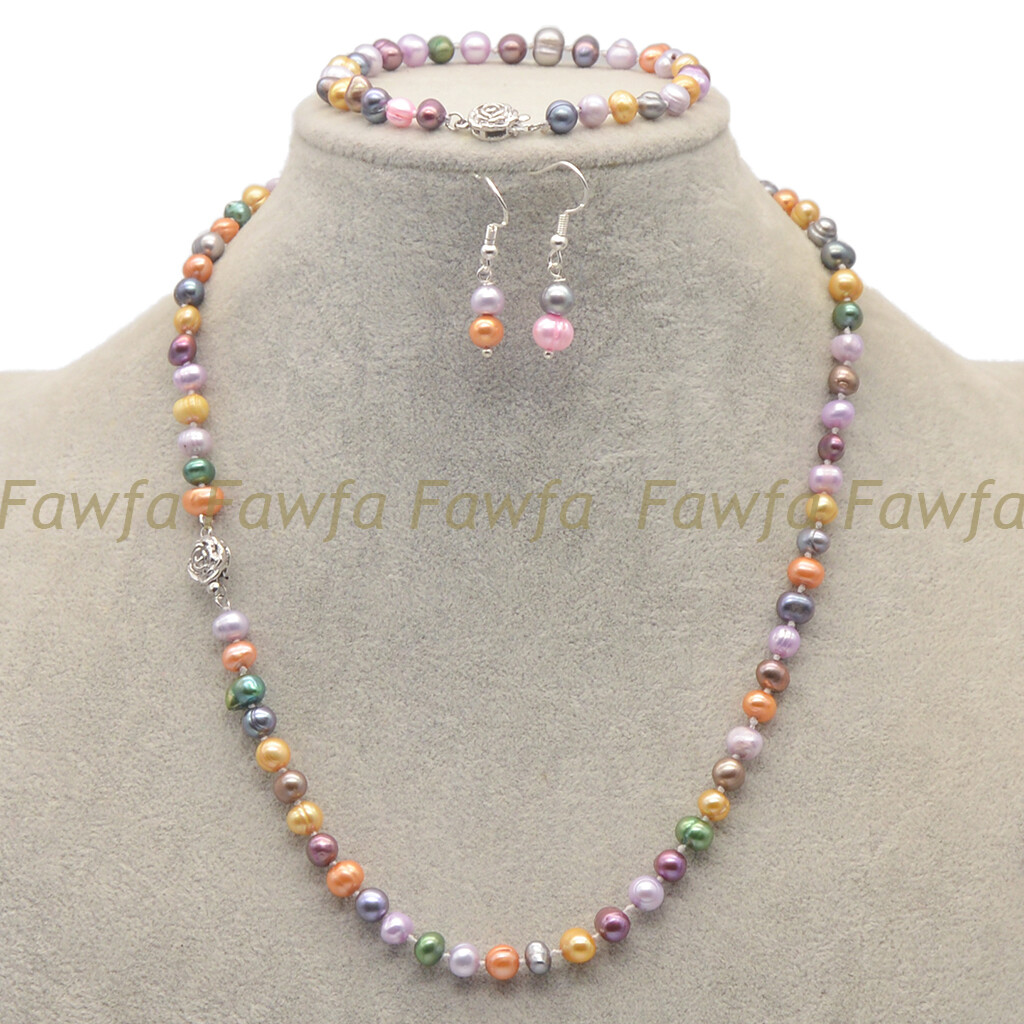 Natural Multicolor 6-7mm Freshwater Pearl Necklace Bracelet Earrings Jewelry Set