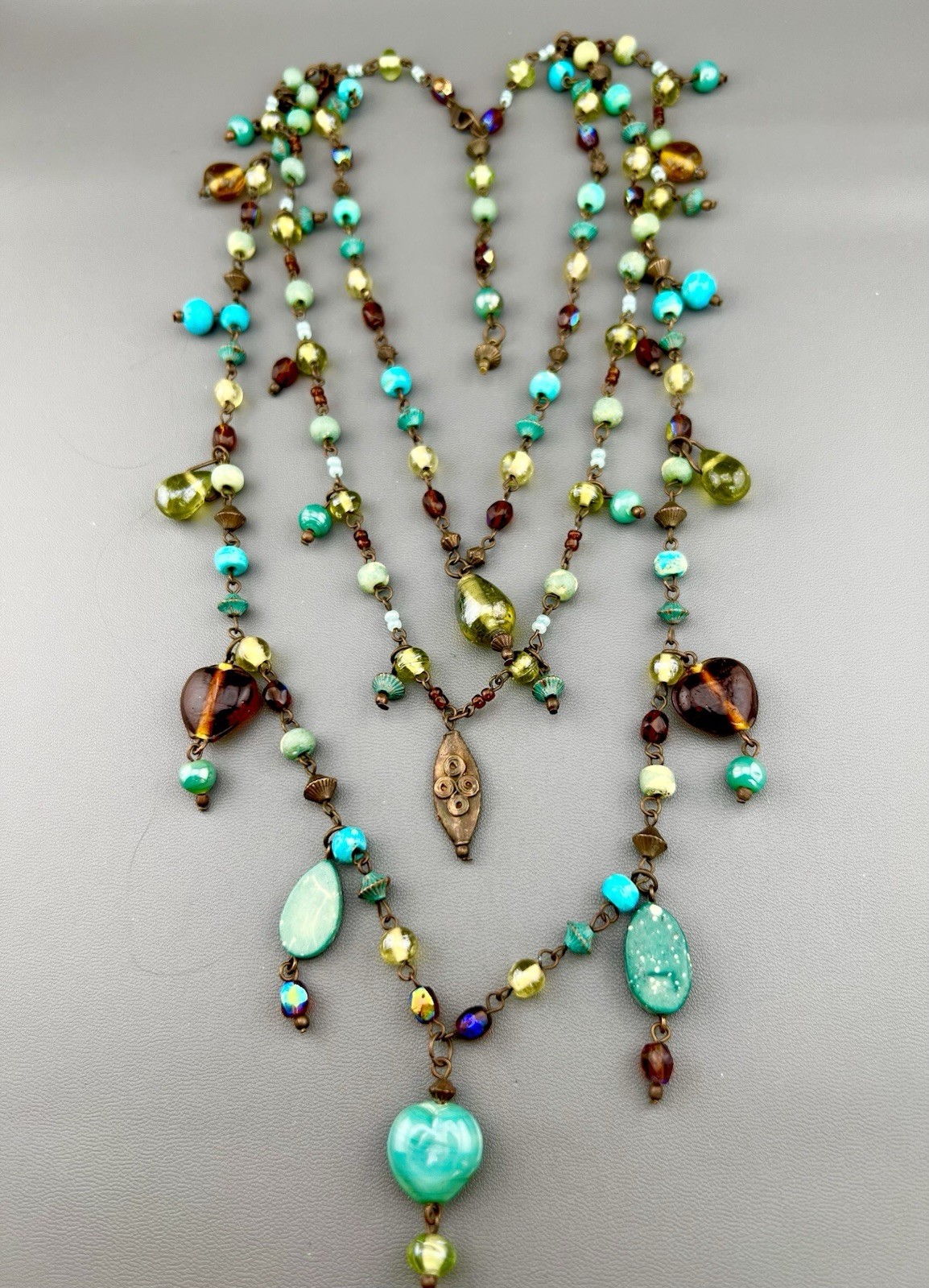 Layered Beaded Necklace Boho Blue Brown Green Glass Multi Strand Bronze Tone 18”