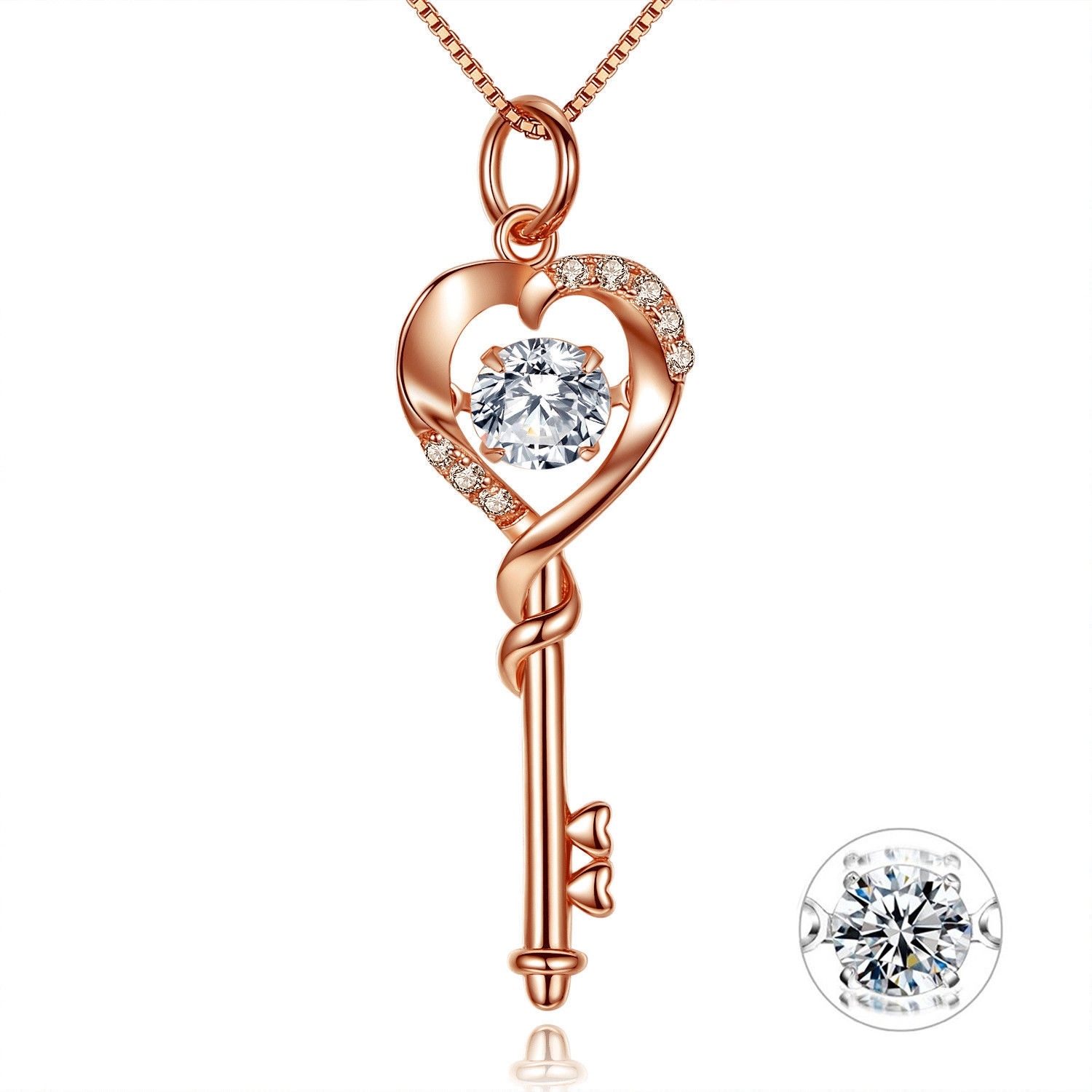 Real Sterling Silver Heart Key Rose Gold Plated Necklace Pendant Gift for Her