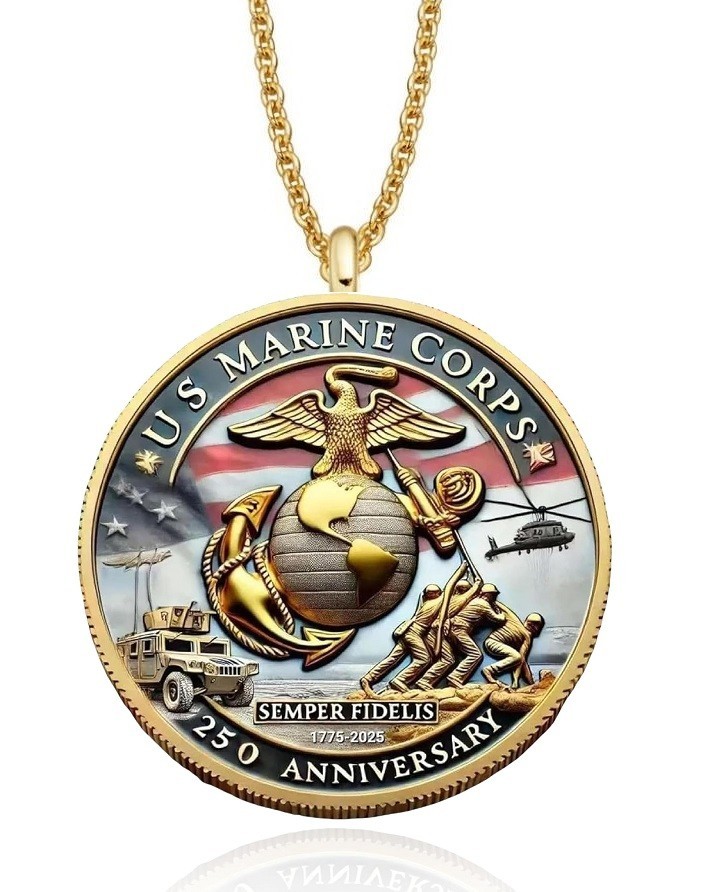 MARINE CORPS USMC Medallion Necklace – 1 5/8″ 250th Anniversary Coin Pendant