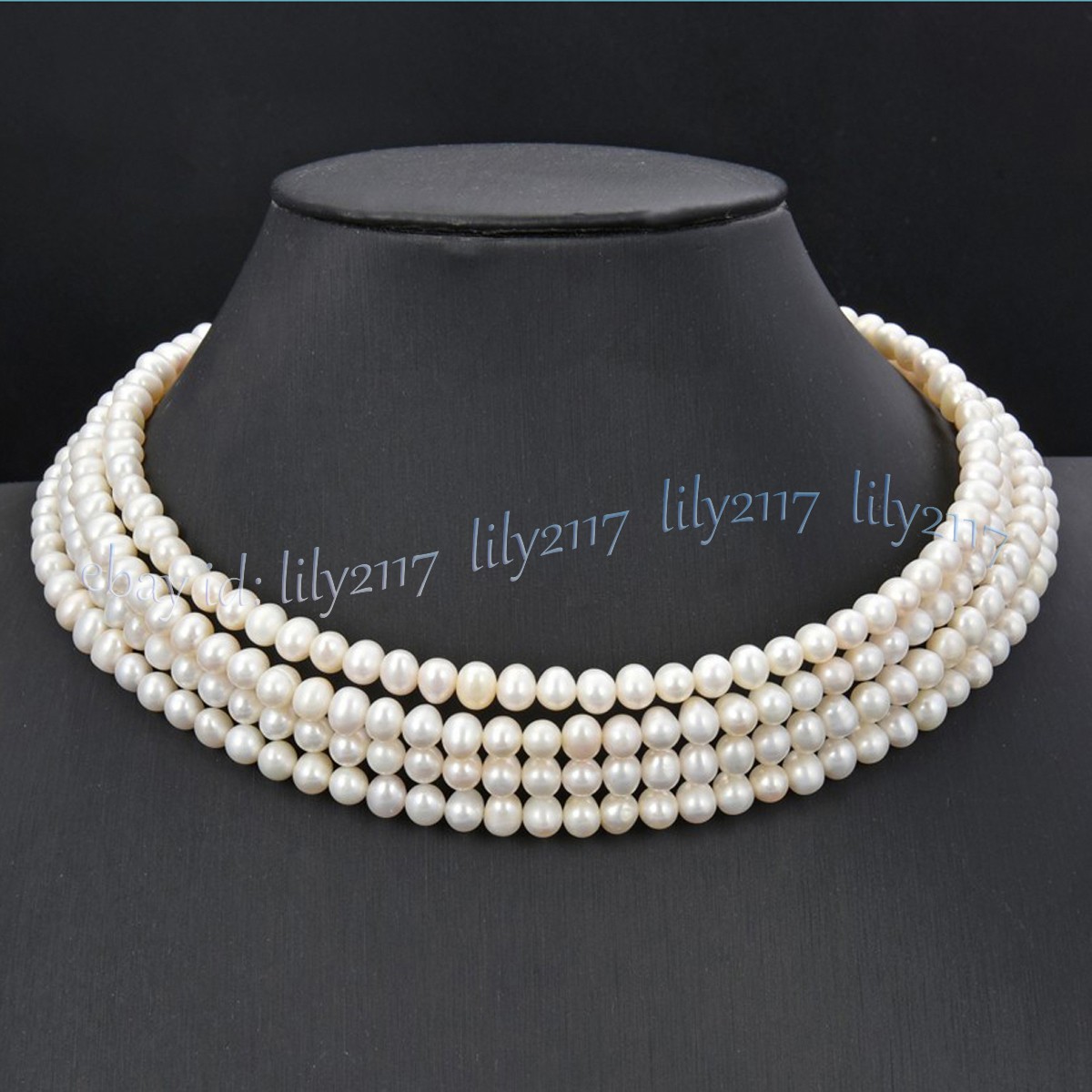 4 Rows Real Natural White Freshwater Pearl Beads Choker Necklace 16 inches 6-7mm