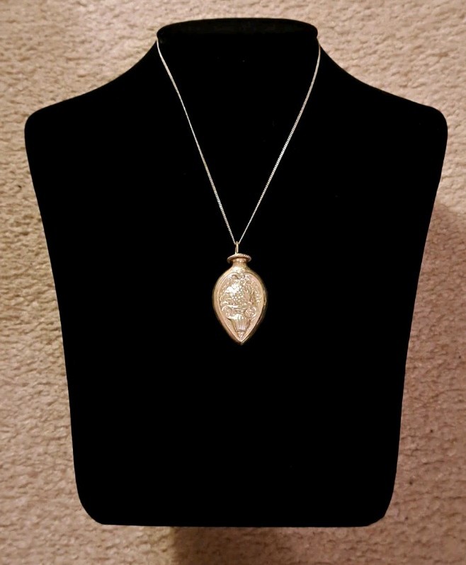Antique Sterling Silver Perfume Bottle Necklace Floral Motif with Silver Chain