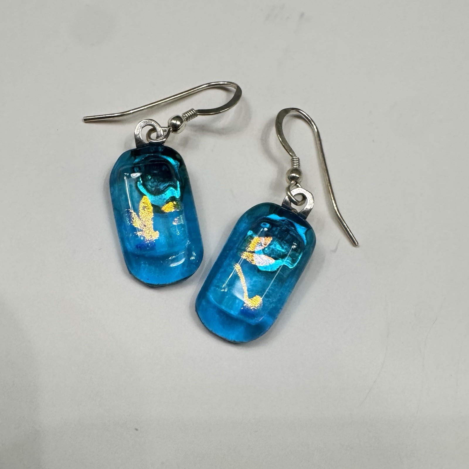 Japanese inspired blue resin pendant with Earrings, embedded Iridescent flakes