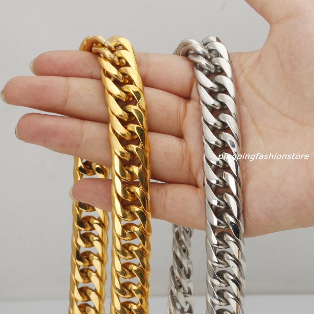 16/20mm Huge Stainless Steel Silver/Gold Curb Cuban Chain Men’s Necklace 7″-40″