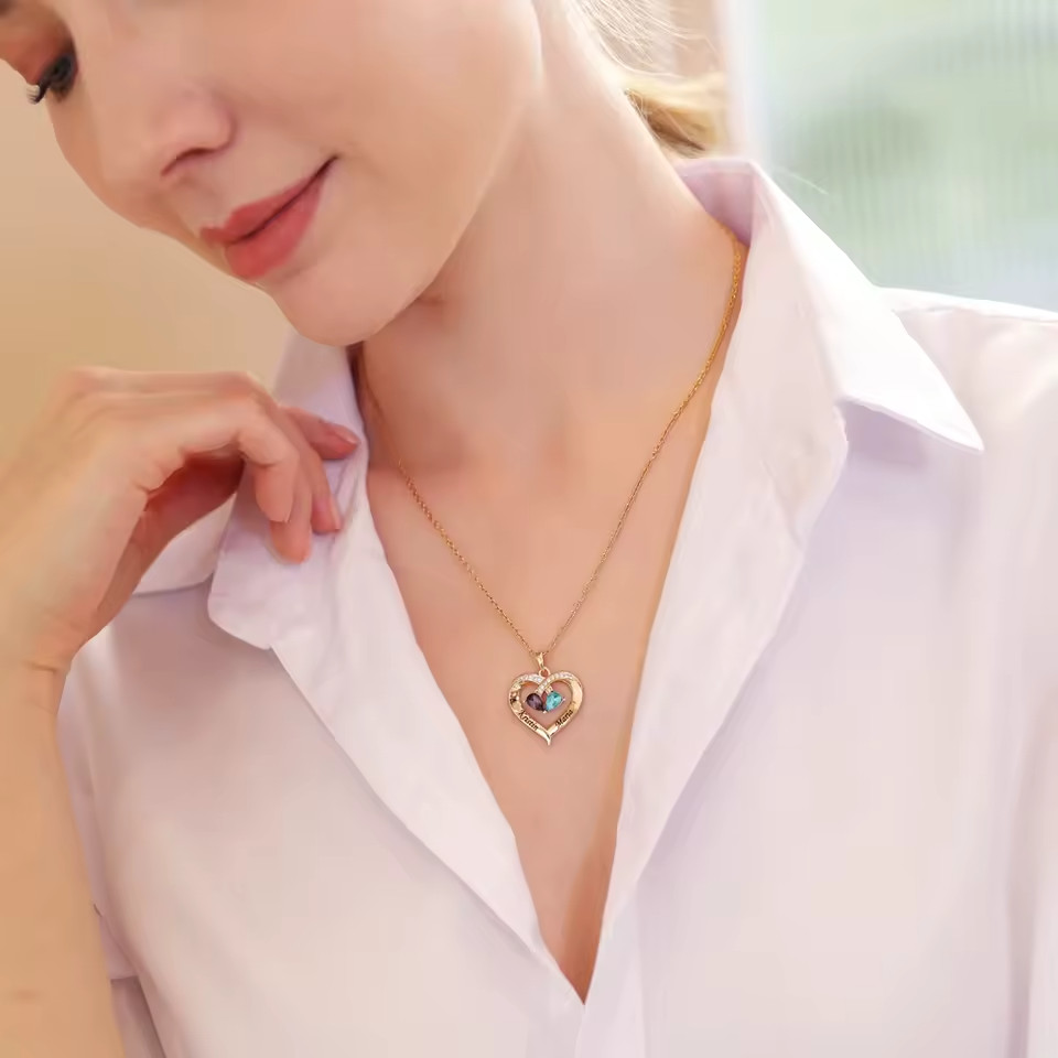 Custom Double Birthstone Name Necklace Engraved Jewelry Zirconia Heart Pendant