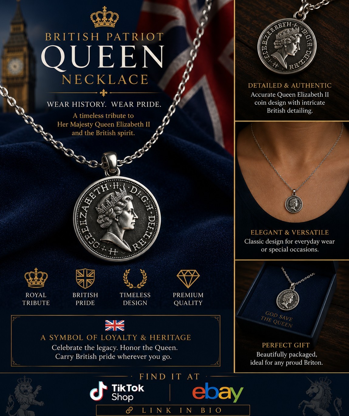 British Patriot Queen Coin Necklace – Vintage Royal Pendant Chain
