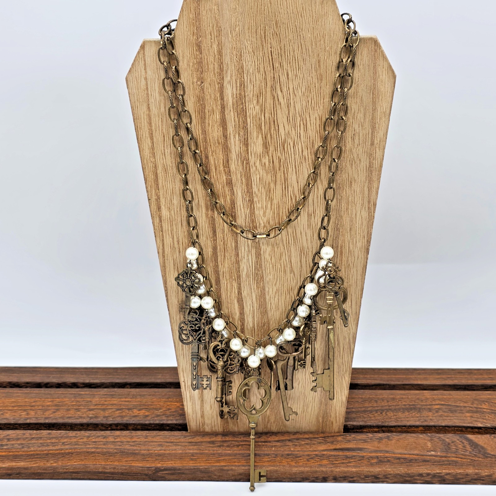 Plunder QUINCY Antique Bronze Fringe Necklace Pearls Brass Skeleton Keys 36”