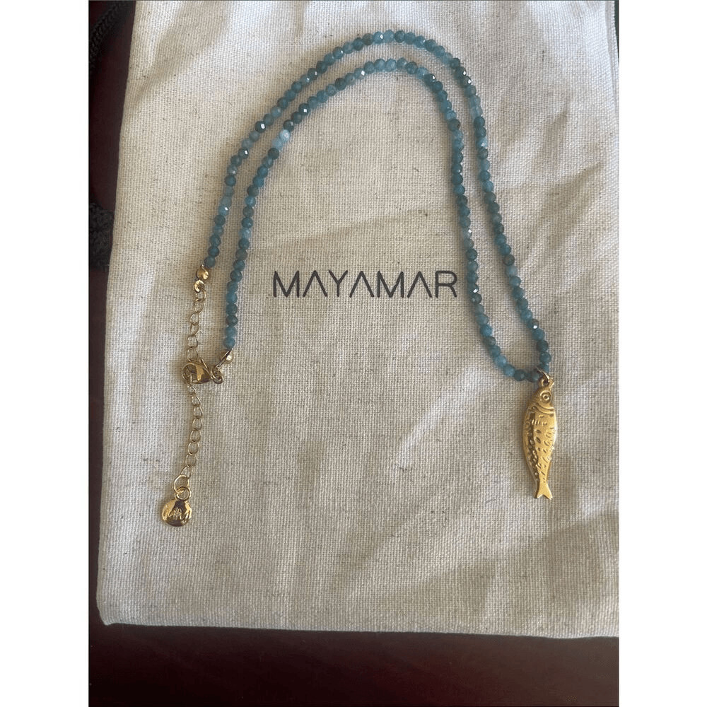 Gold Fish Pendant on genuine Blue Agate Beaded Necklace – 24k gold plated