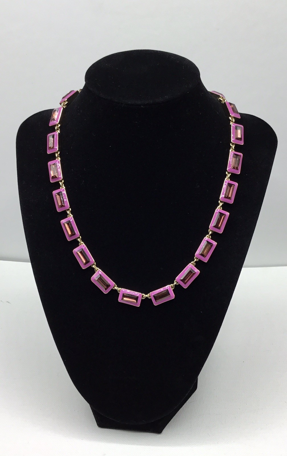 Gold Tone Pink Enamel and Rhinestone Necklace