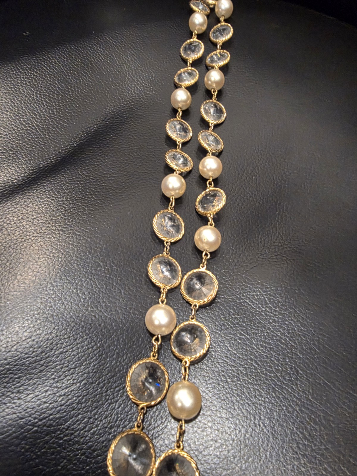 French Fancy Bezel Set Double Point Crystal & Glass Pearl Rope Necklace 32″ L