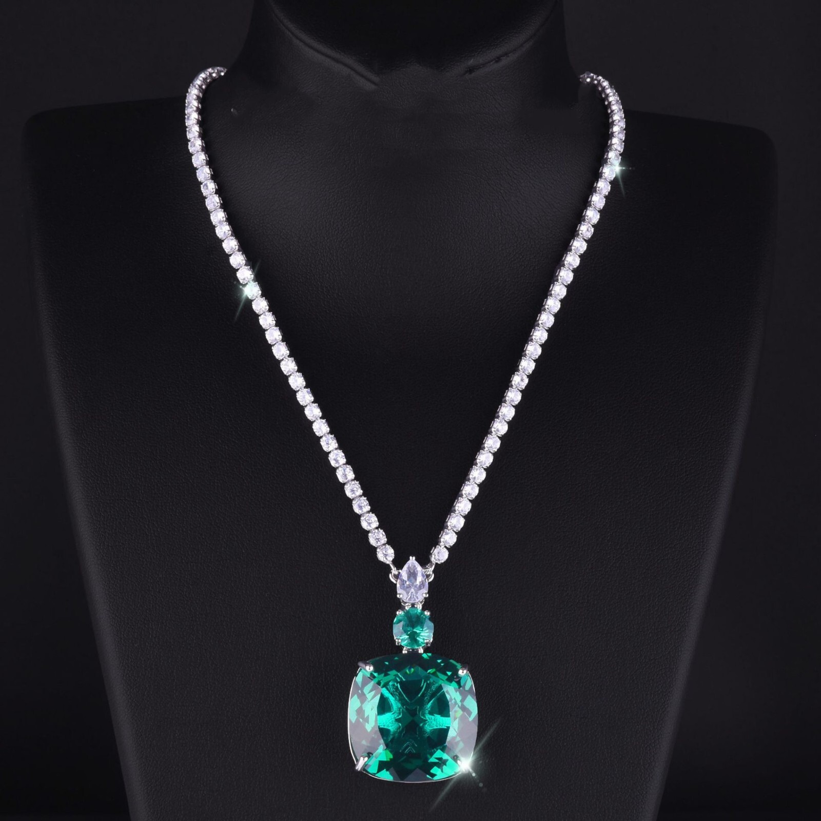 New 25mm Big Blue Topaz Citrine Gems Luxury Women Party Silver Necklace Pendant