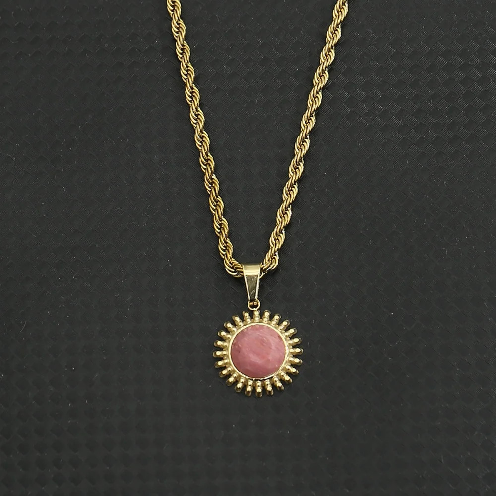 Sunflower Natural Stone Pendant Necklace 18K Gold color Stainless Steel Hip Hop