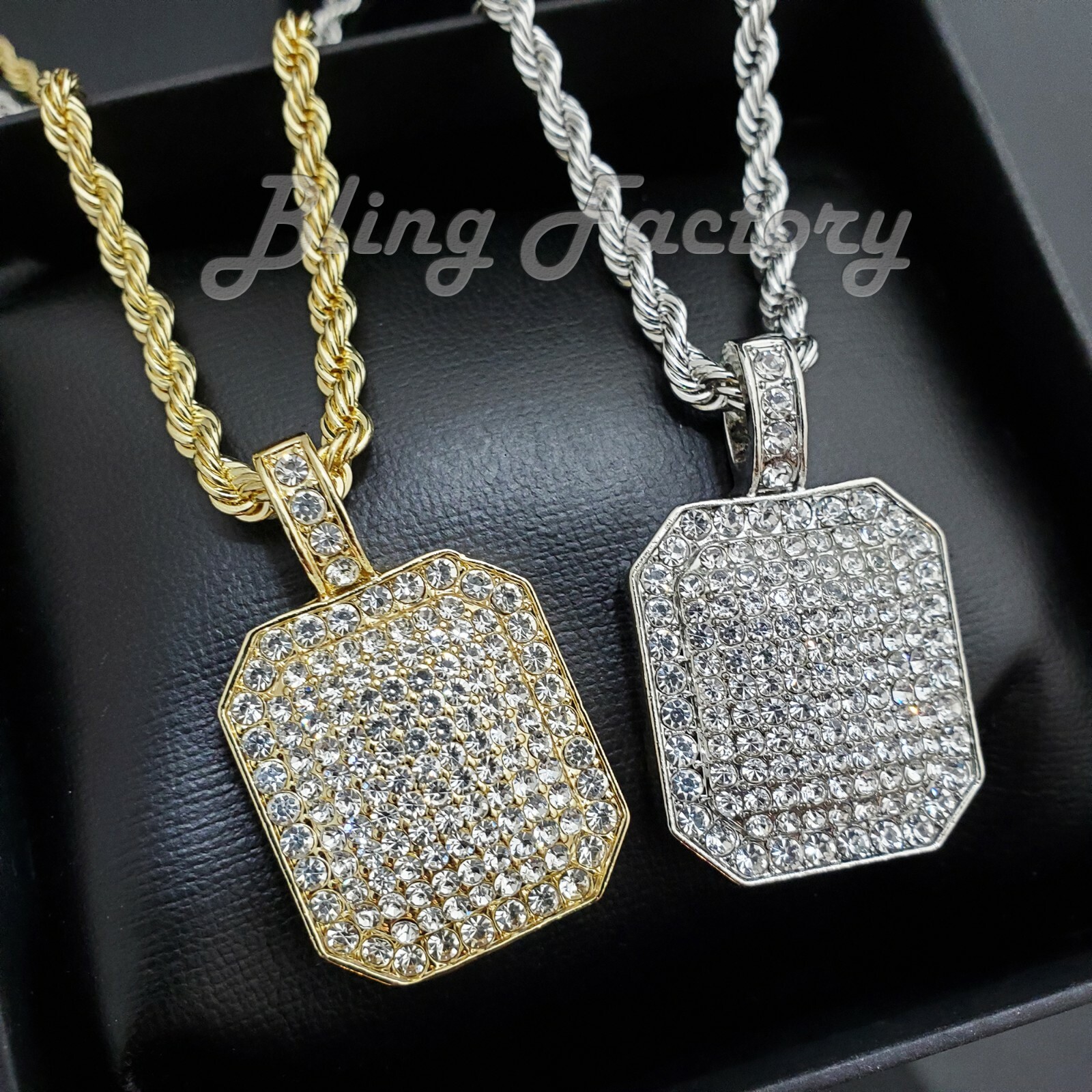 Hip Hop Iced DOG TAG Square Pendant & 4mm 24″ Rope Chain Fashion Bling Necklace