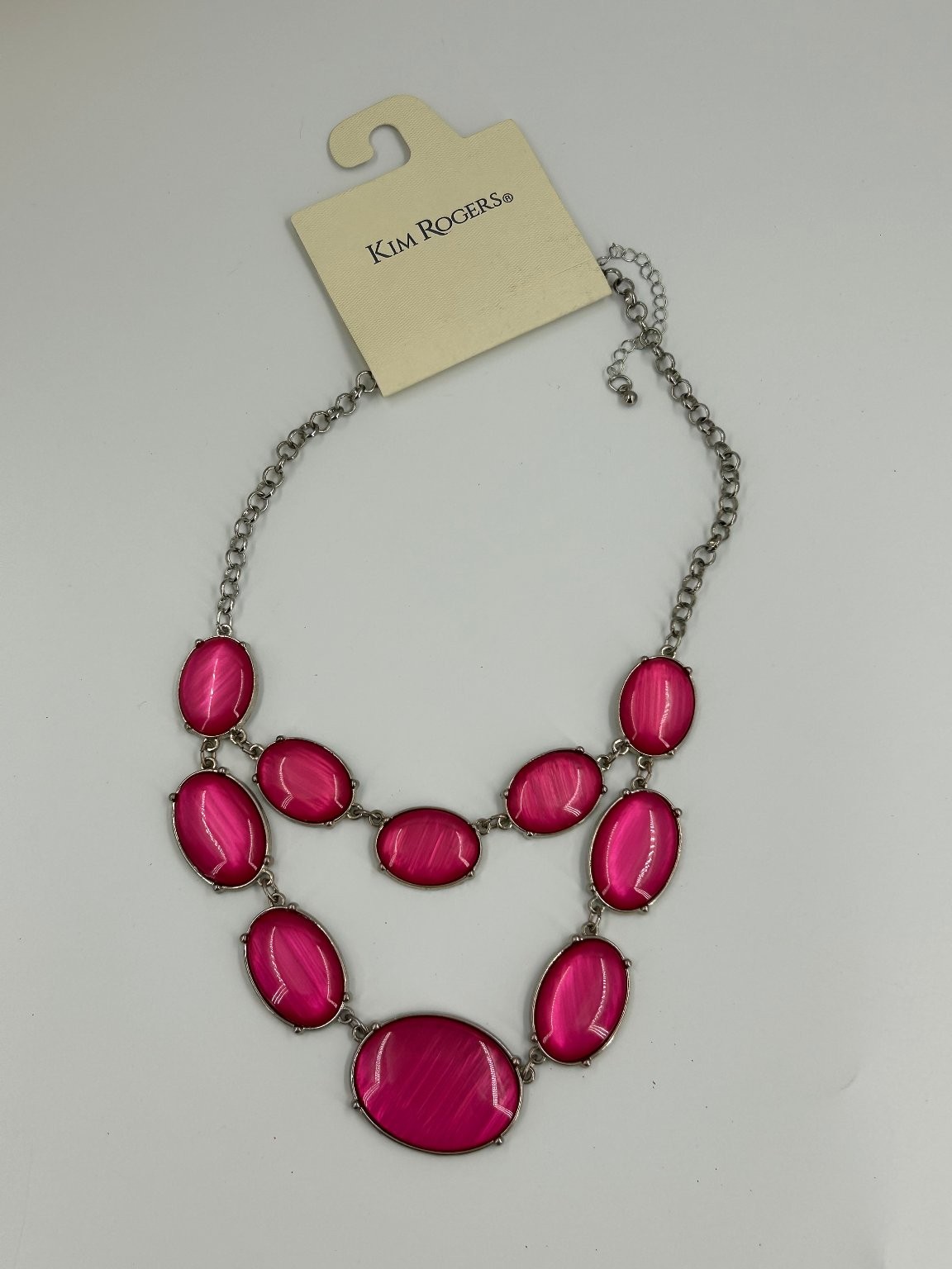 Kim Rogers Pink Oval Statement Necklace Silver Tone 18-20 inch