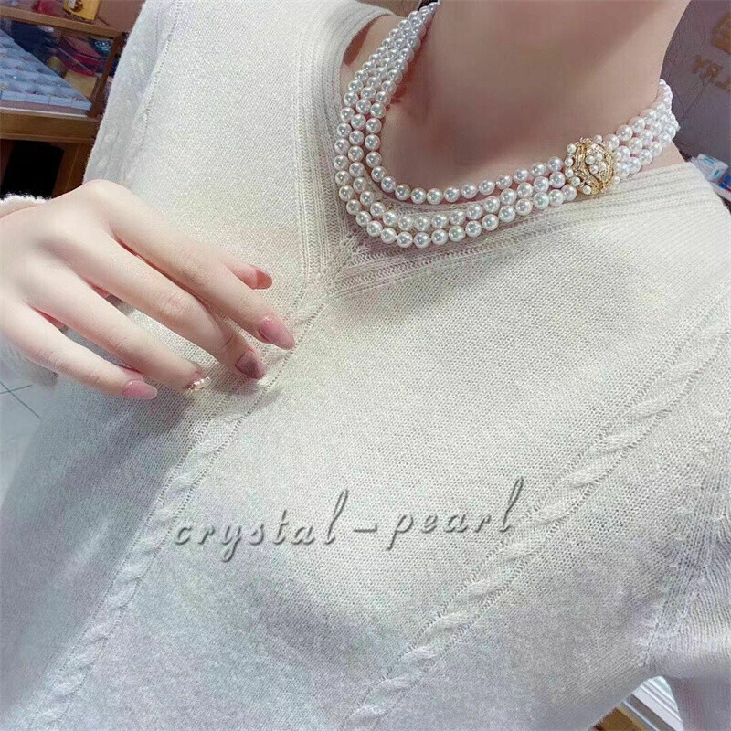 Triple Strands AAA 7-8mm Natural Akoya White Pearl Necklace 18″ Silver