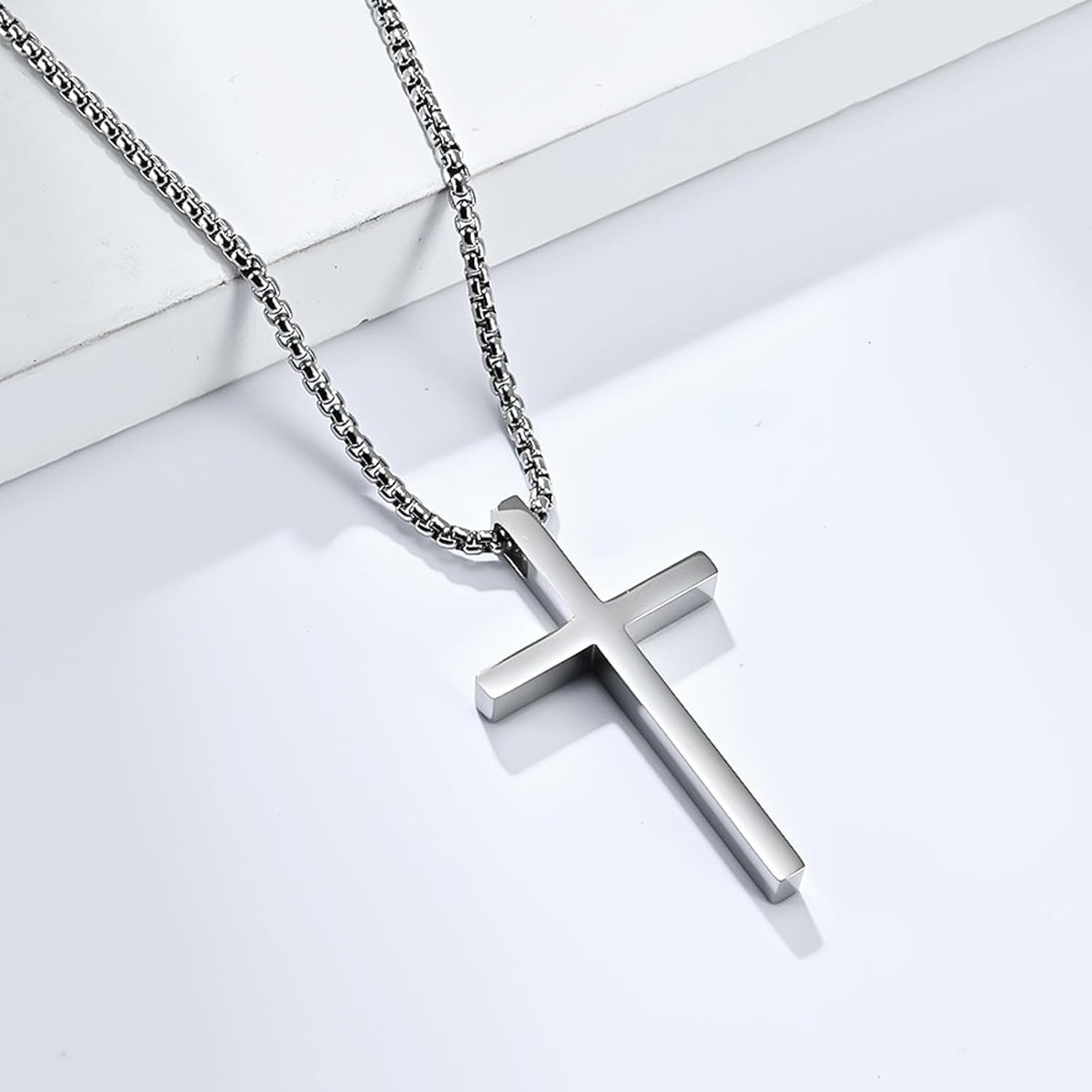 Cross Necklace for Men, Silver Cross Stainless Steel Pendant Necklace, Mens Cros