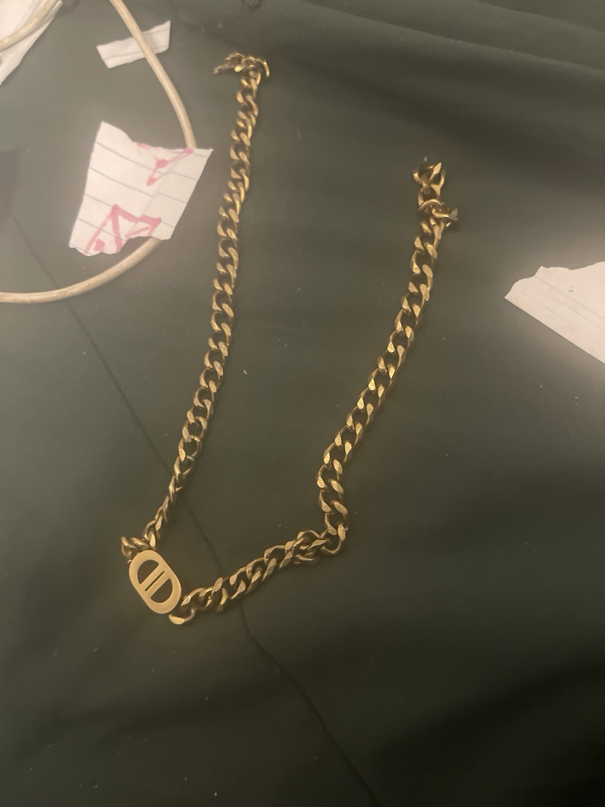Gold Tone Curb Chain Necklace with Oval Charm Pendant Toggle Clasp