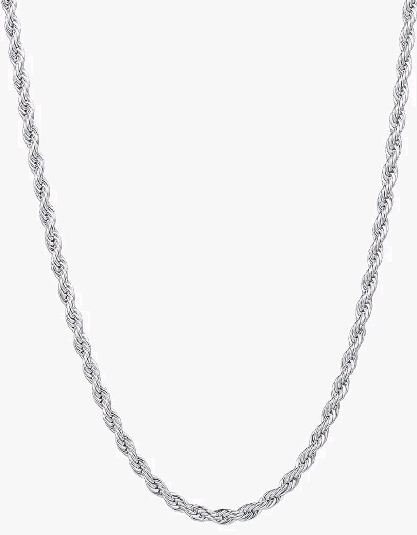 3mm Rope Chain Stainless Steel Necklace for Men, Silver Tone Mens Chain Necklace