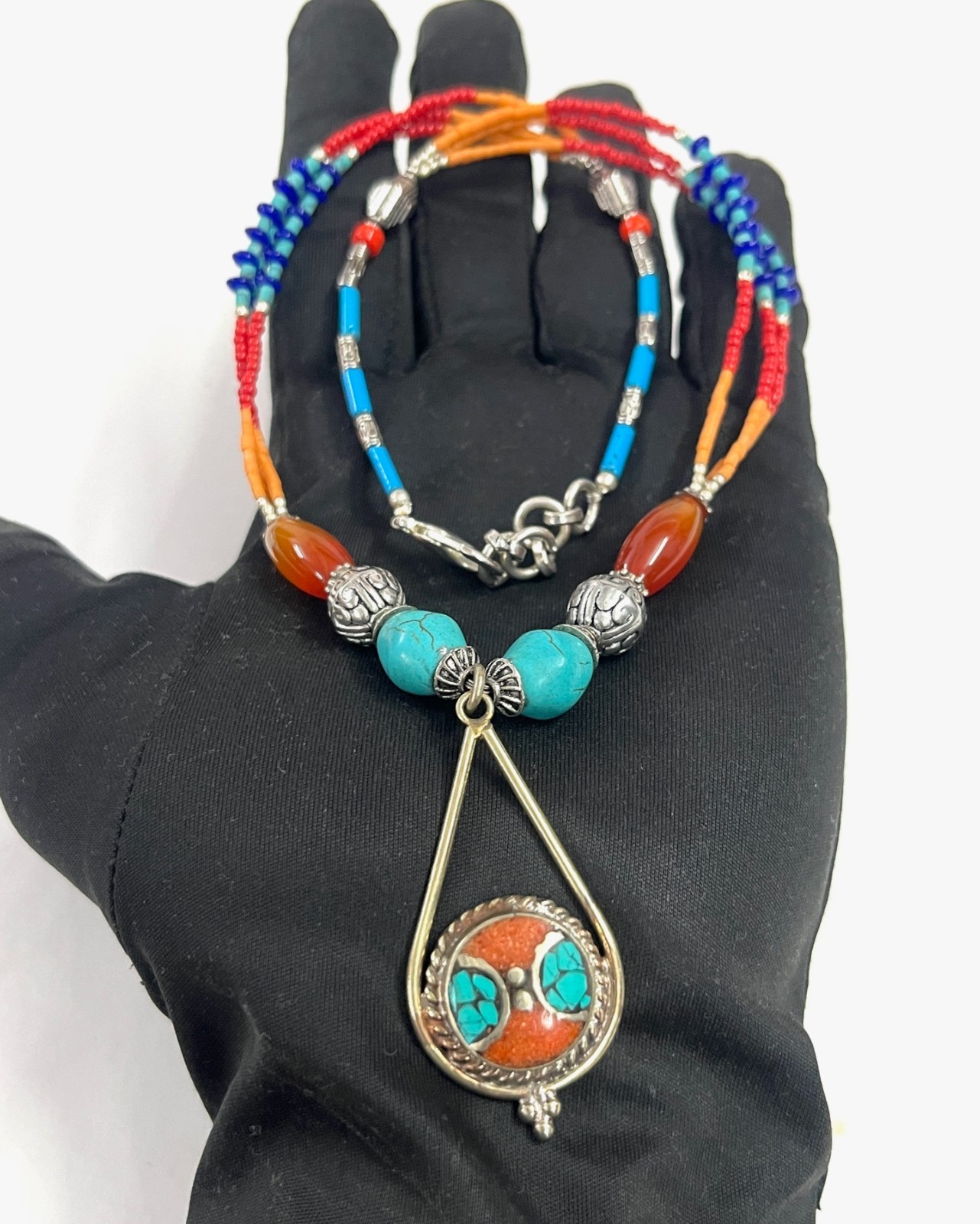 Carnelian Turquoise Coral Gemstone Tibetan Boho Necklace Jewelry, 18 Inc Adjs