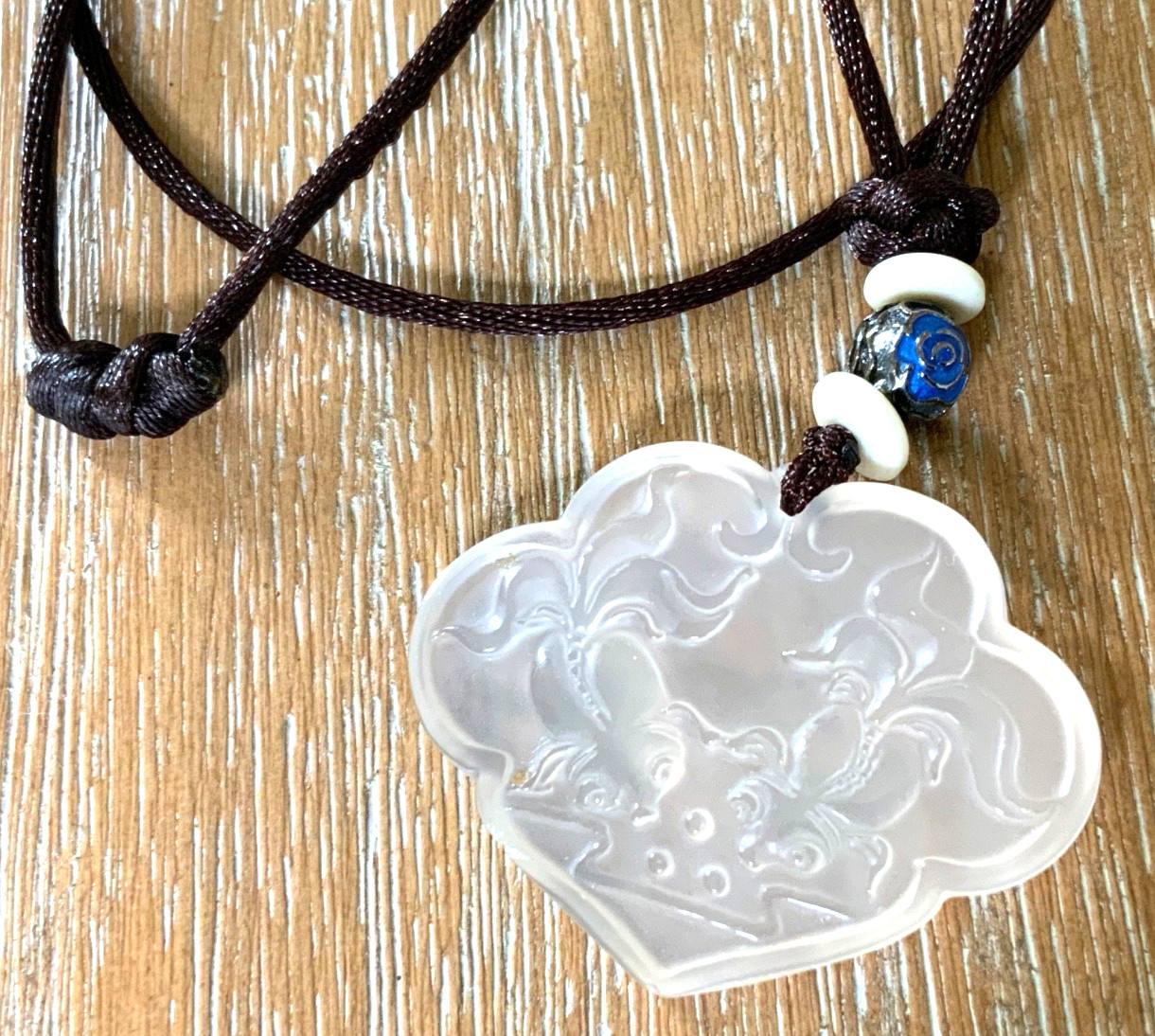 Vintage Jade translucent Phoenix pendant blue cloisonné bead cord necklace