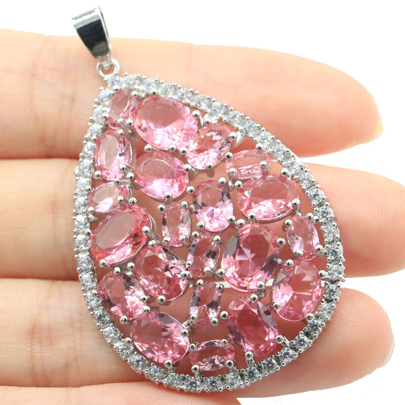 56x34mm Princess Cut Big 11.5g Pink Morganite CZ Women Dating Silver Pendant