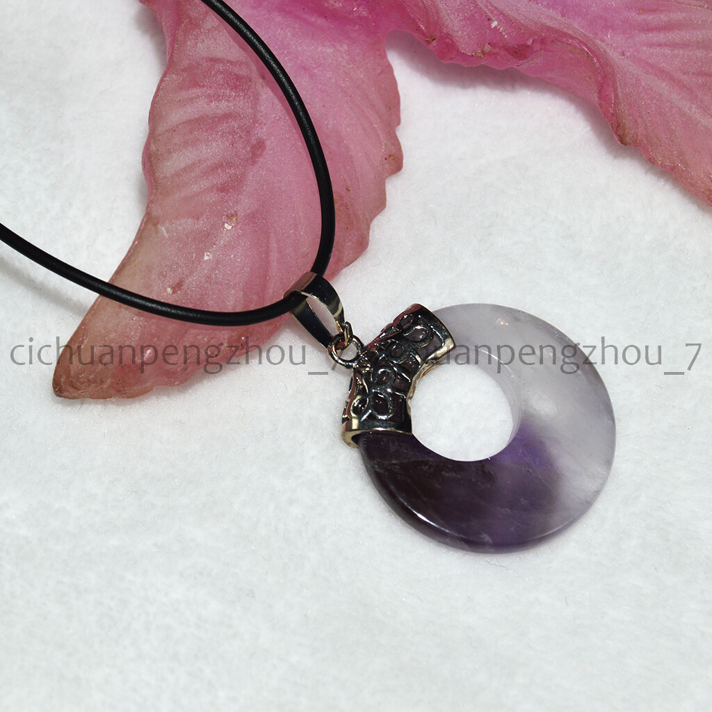 Purple Amethyst 28mm Hollow Round Ring Pendant Black Leather Rope Necklace 18”