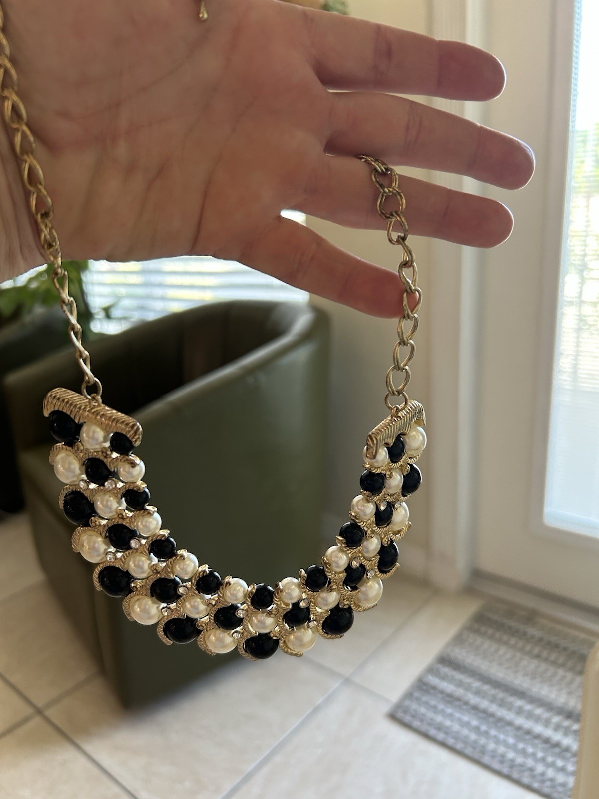Statement Bib Necklace Gold Tone Cable Chain Black White Faux Pearls Cluster