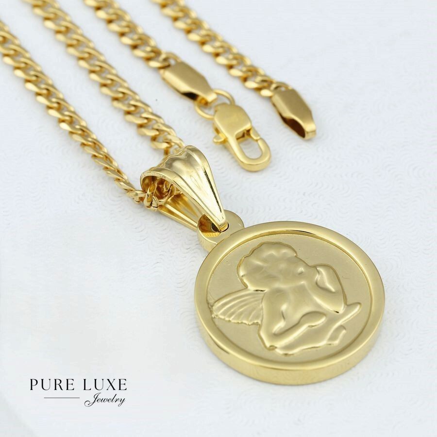 Men’s 20″ Stainless Steel,Cuban Curd.Chain,ANGEL,Pendant Gold plated*BOX