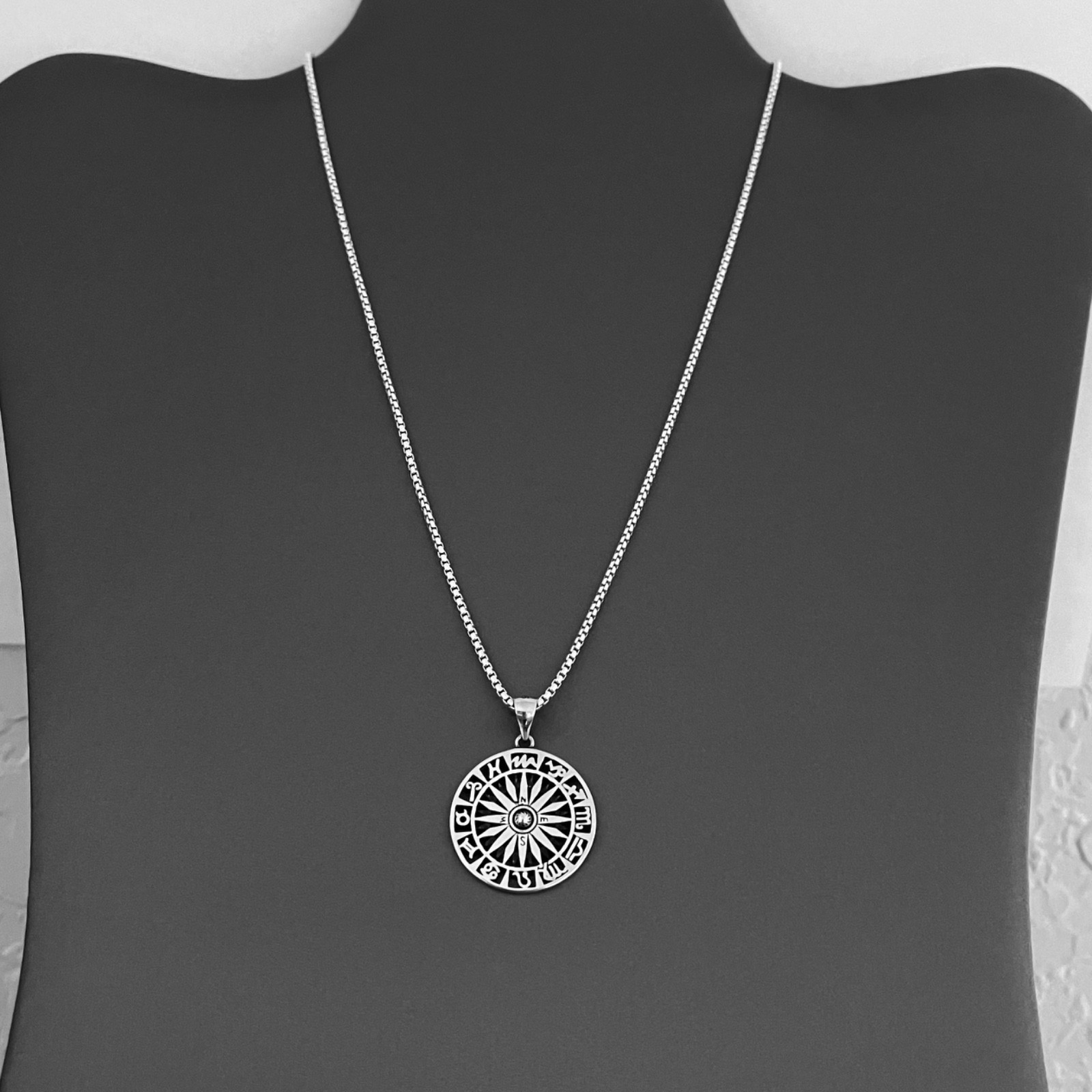 Sterling Silver Unisex Zodiac Wheel and Compass Necklace, Zodiac Signs Chain