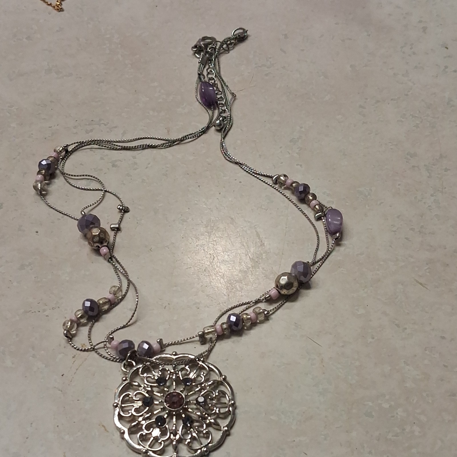 Silver Tone Filigree Round Medallion Pendant Necklace, Purple Beads, Snake