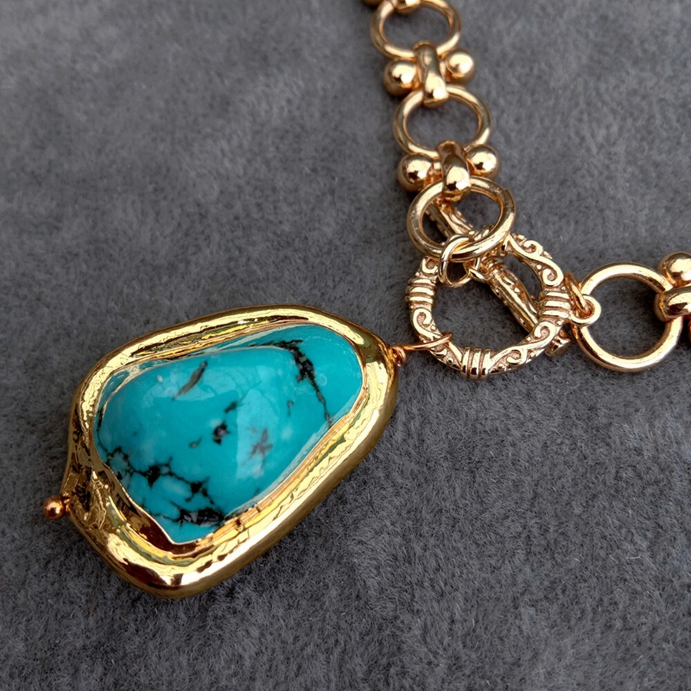 22x28mm Blue Turquoise Pendant Gold Plated Chain Chokers Necklace