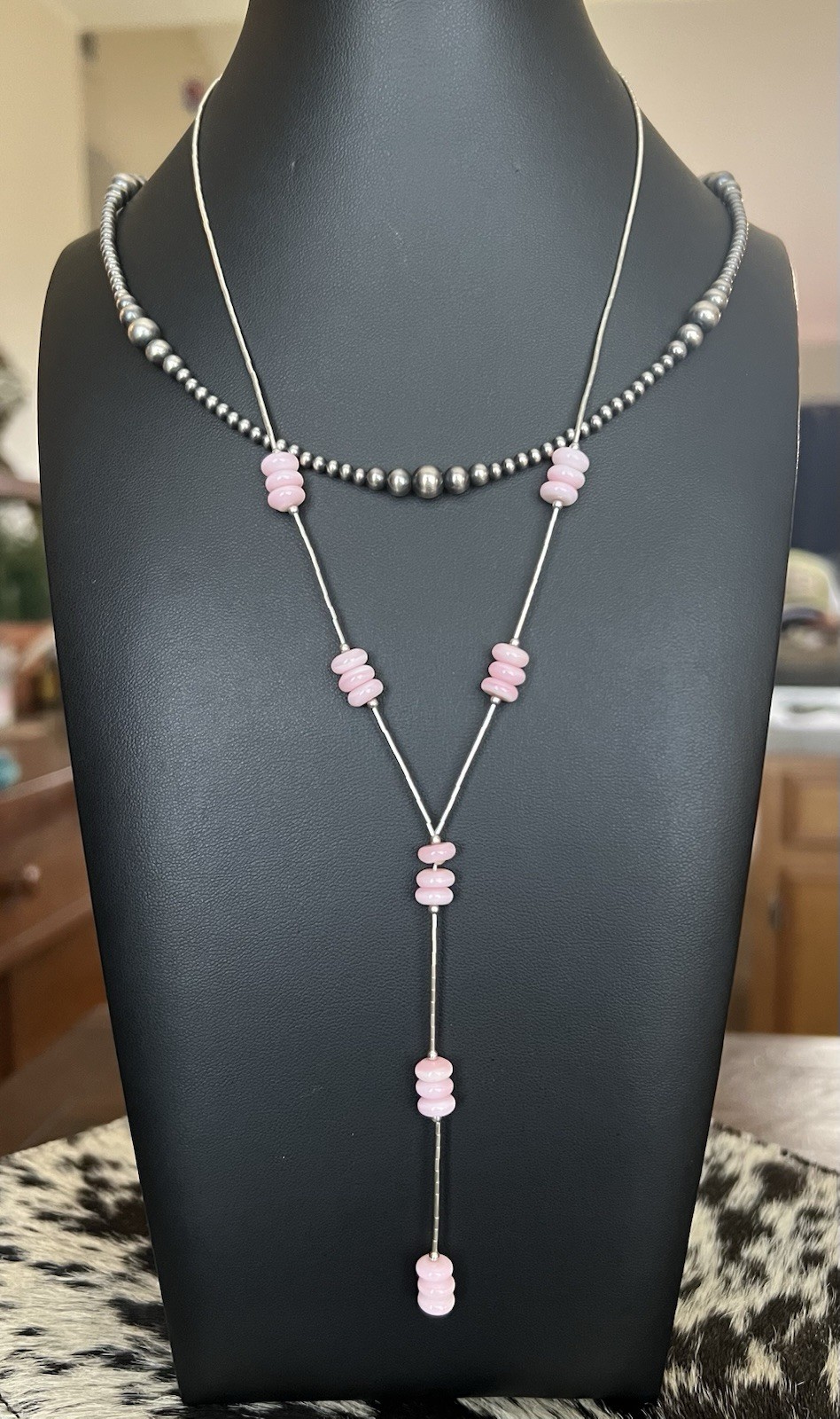 Pink Conch & Sterling Liquid Silver Lariat Necklace 18”
