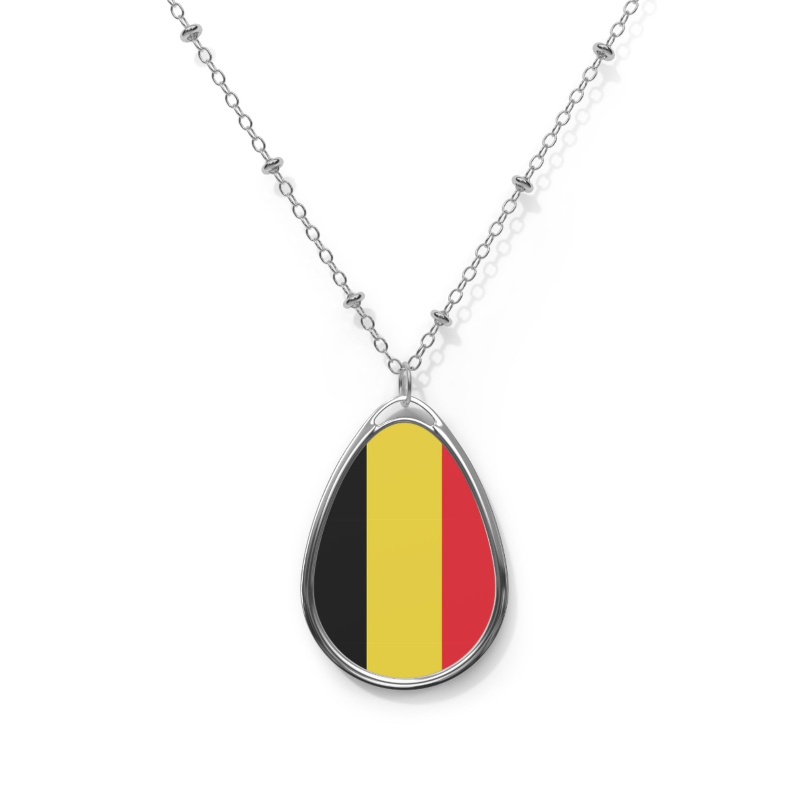Belgium Flag Oval Necklace – Belgian Heritage Pendant – One Size / Silver