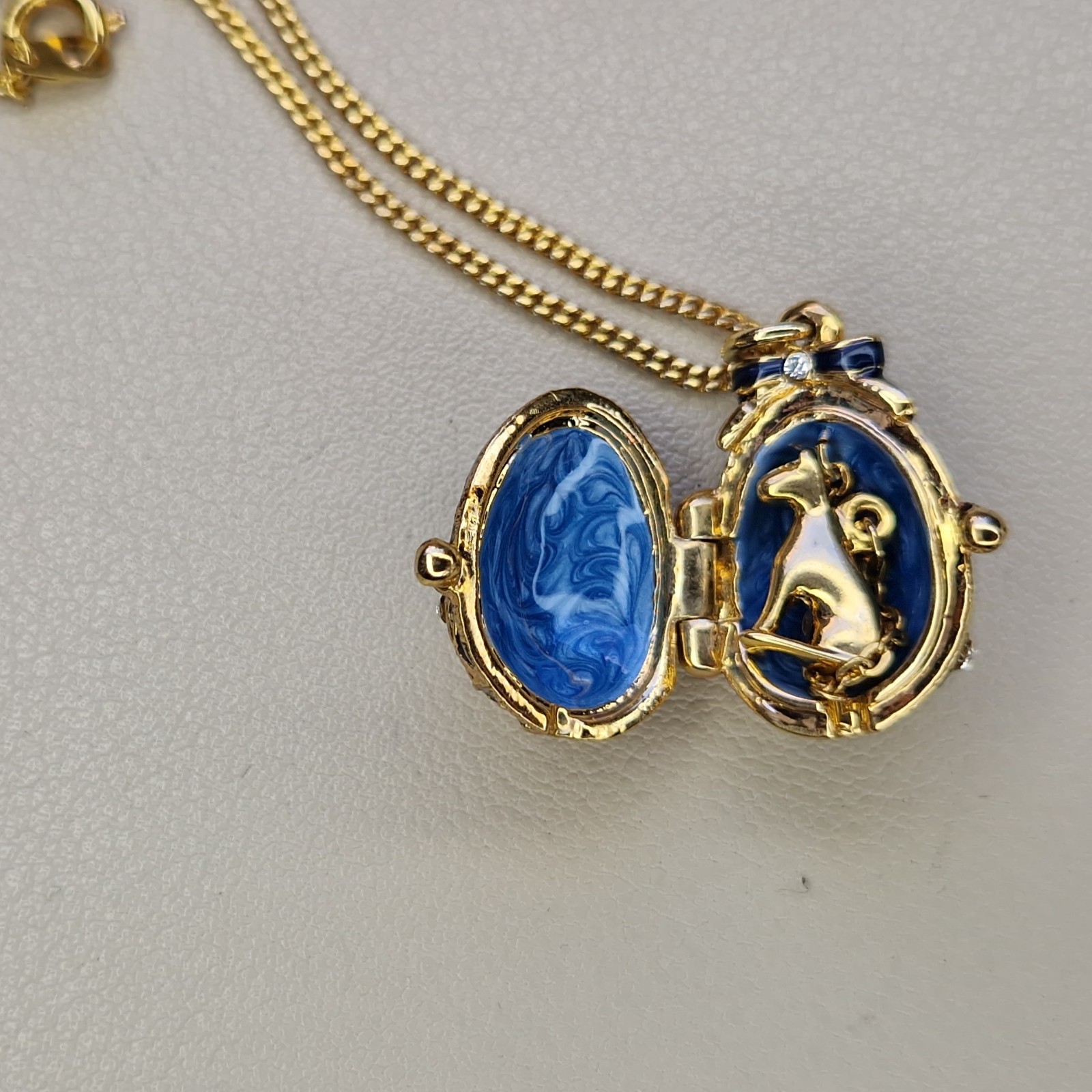 Enamel Easter Egg Locket Necklace Dangly Hidden Charm Sphix Jeweled Louvre 46cm