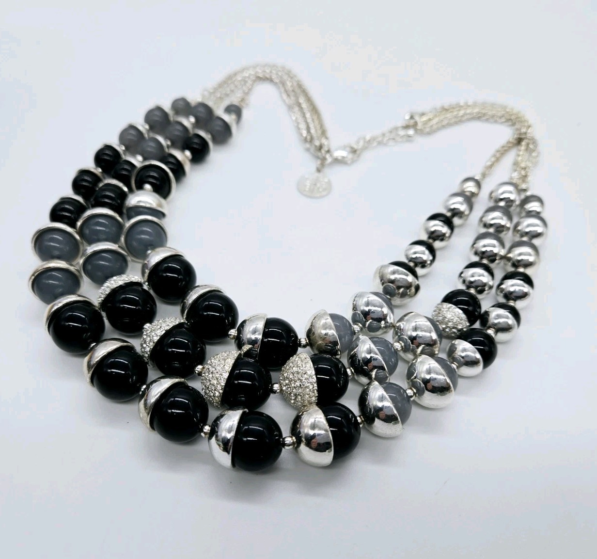 White House Black Market WHBM Necklace Layered Silver Grey Black Graduated Ball