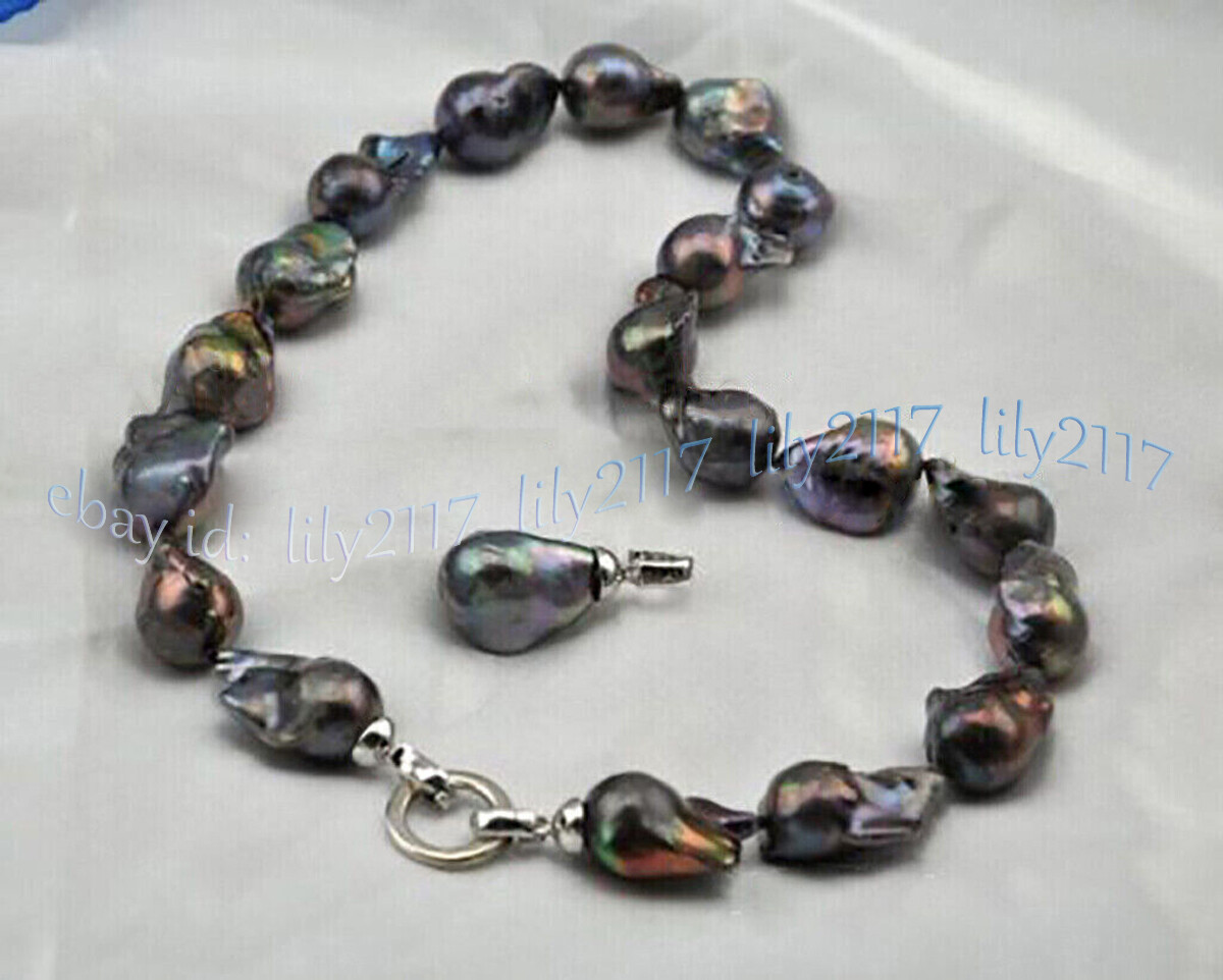 Huge 15-25mm Natural Black Keshi Reborn Baroque Pearl Pendant Necklace 14-32”