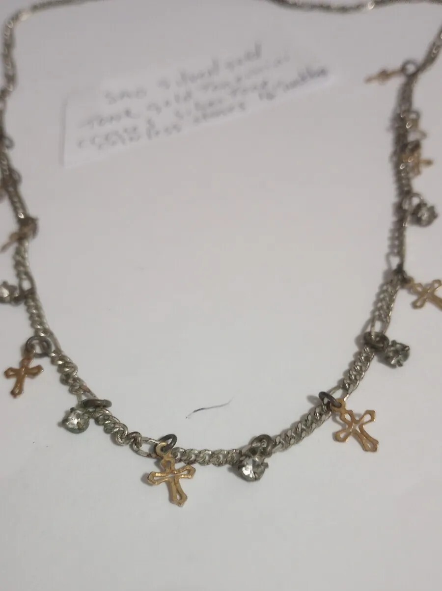 SAO Silver/Gold Tone Small Dangling Crosses And Colorless Stoned 16″necklacr