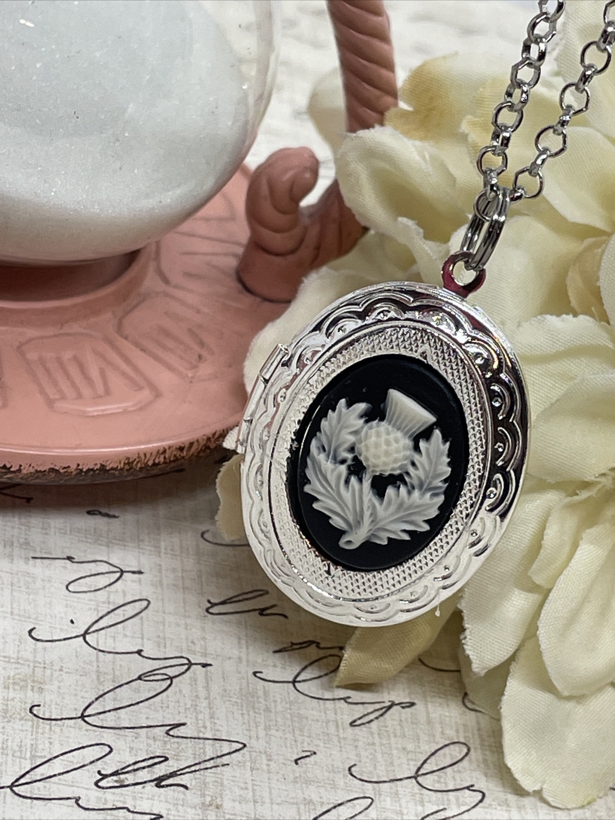 Scottish Thistle Necklace Locket Silver EASTER pendant IRISH CELTIC GIFT photo