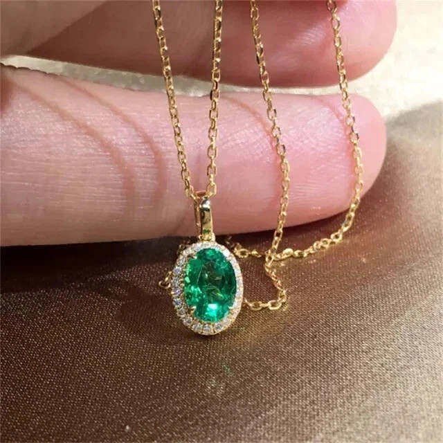 2Ct Oval Cut Simulated Green Emerald Women’sPendant Chain 14K Yello Gold Plated