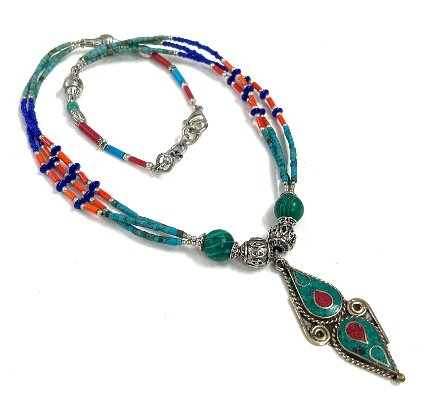 Turquoise Lapis Coral Gemstone Tibetan Statement Necklace Jewelry, 18 Inc Adjs