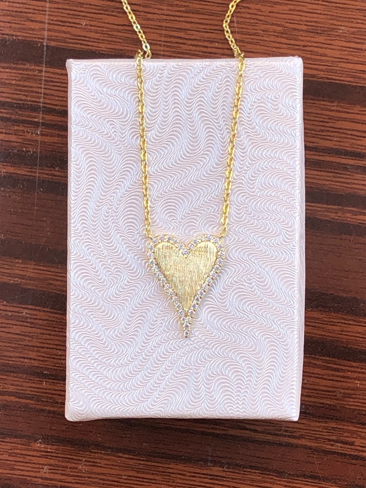 925 Sterling Silver CZ Matte Gold Heart Pendant Necklace Women 19mm/0.75″ 17.5”