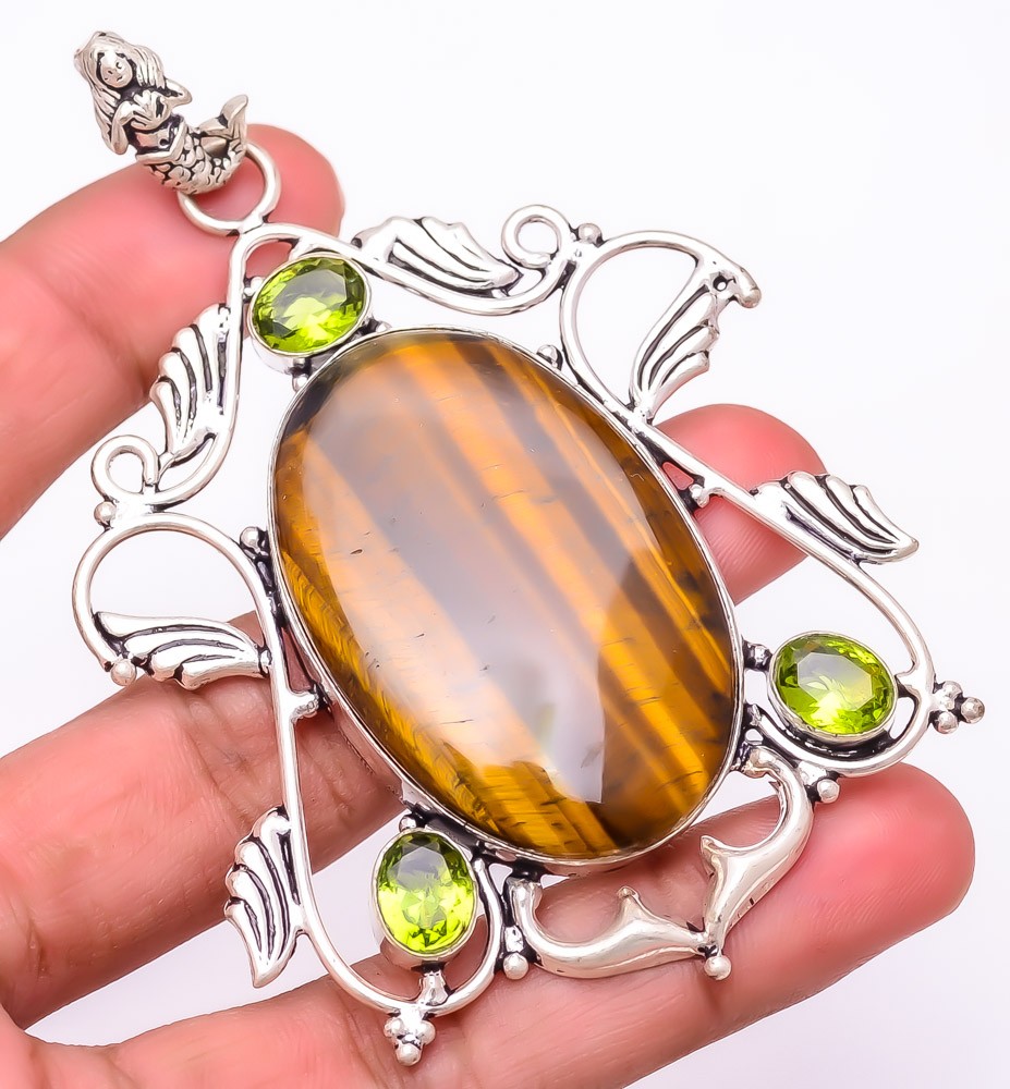 Natural Tiger’S Eye & Peridot 925 Silver Plated Jewelry Pendant 3.3″ T2737