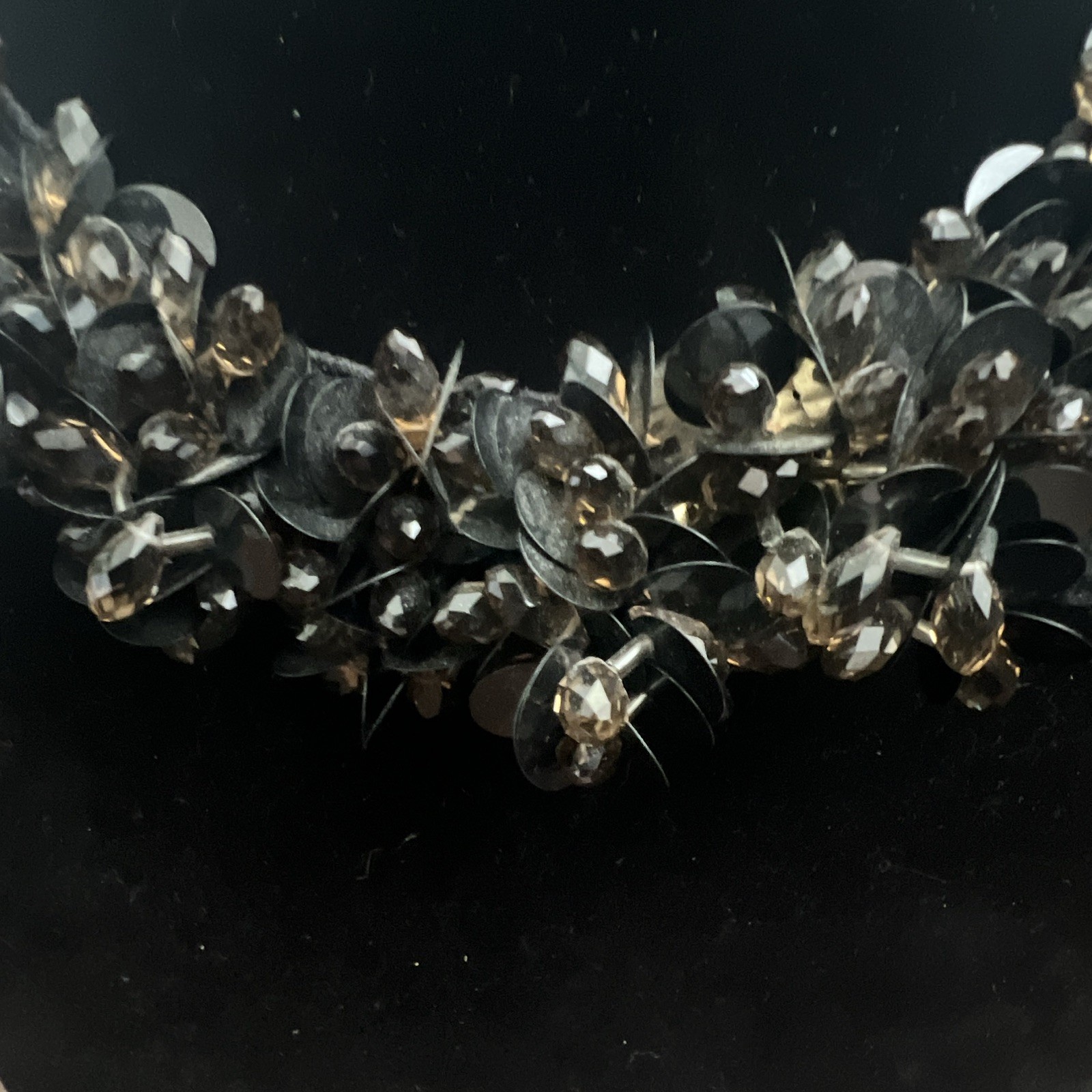 J.Crew Black Crystal Bib Statement Necklace Ribbon Tie Closure Adjustable Signed