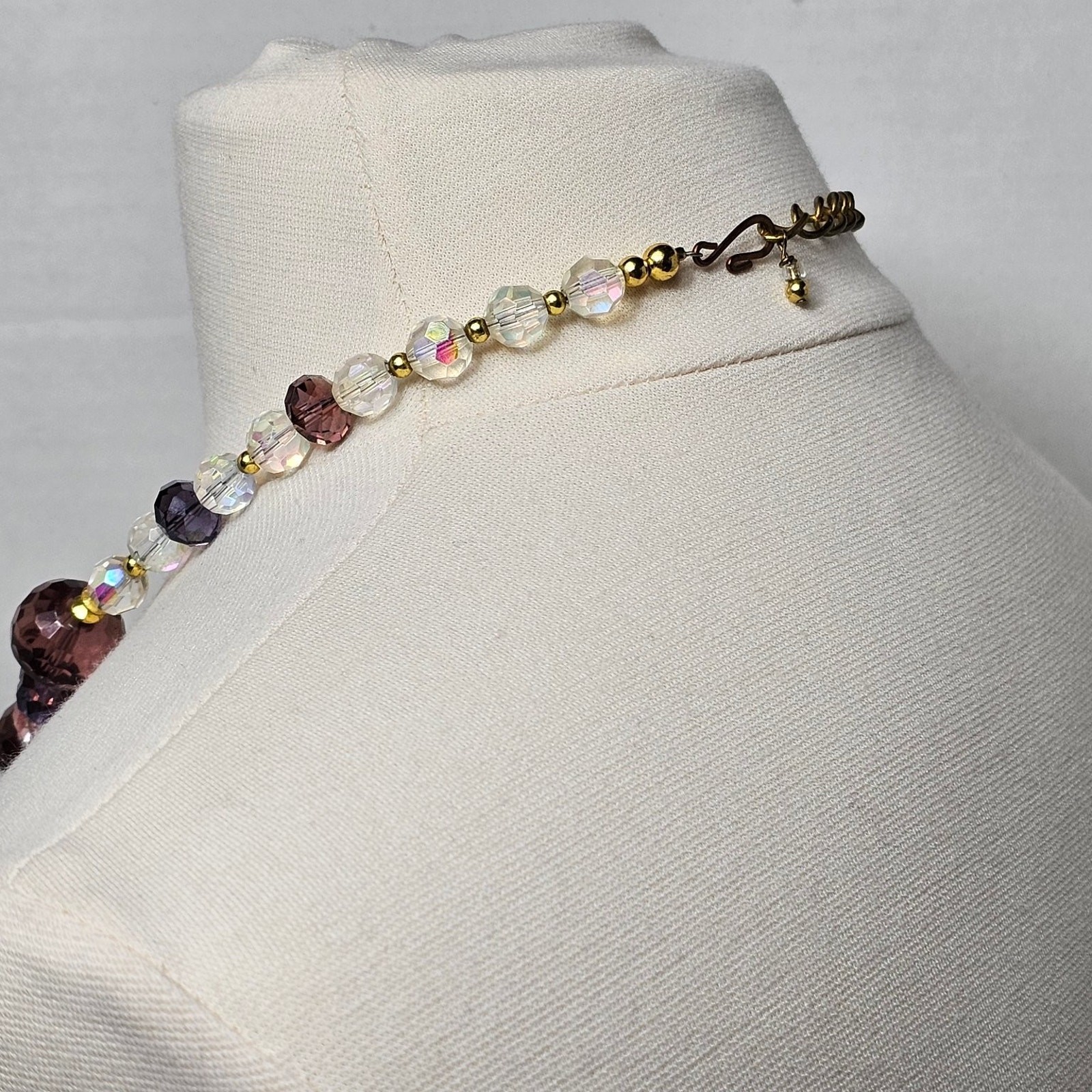 Vintage Faceted Glass Crystal Bead Necklace Purple Pink AB Coated Clear 18-20 in